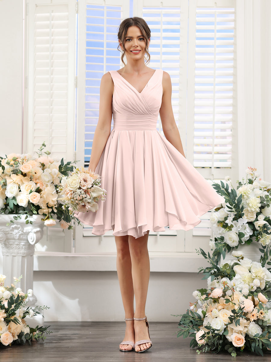 A-Line V-Neck Sleeveless Ruched Chiffon Short Bridesmaid Dresses Light Pink