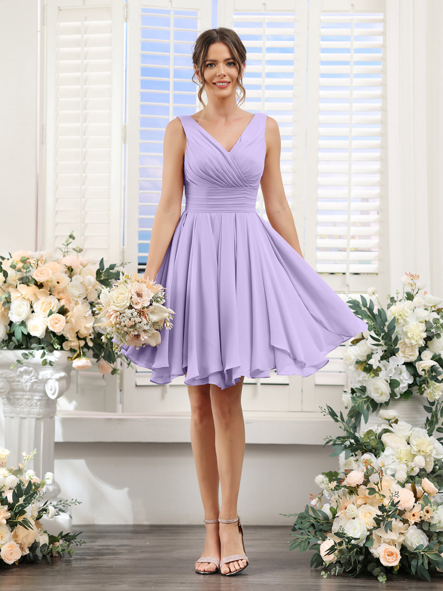A-Line V-Neck Sleeveless Ruched Chiffon Short Bridesmaid Dresses Lilac