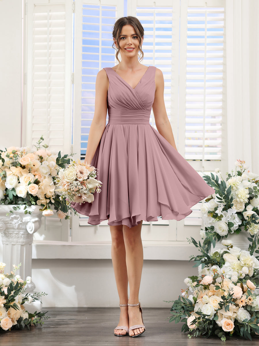 A-Line V-Neck Sleeveless Ruched Chiffon Short Bridesmaid Dresses Mauve