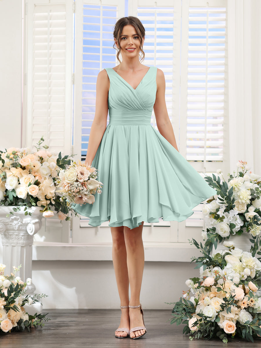 A-Line V-Neck Sleeveless Ruched Chiffon Short Bridesmaid Dresses Mist Blue
