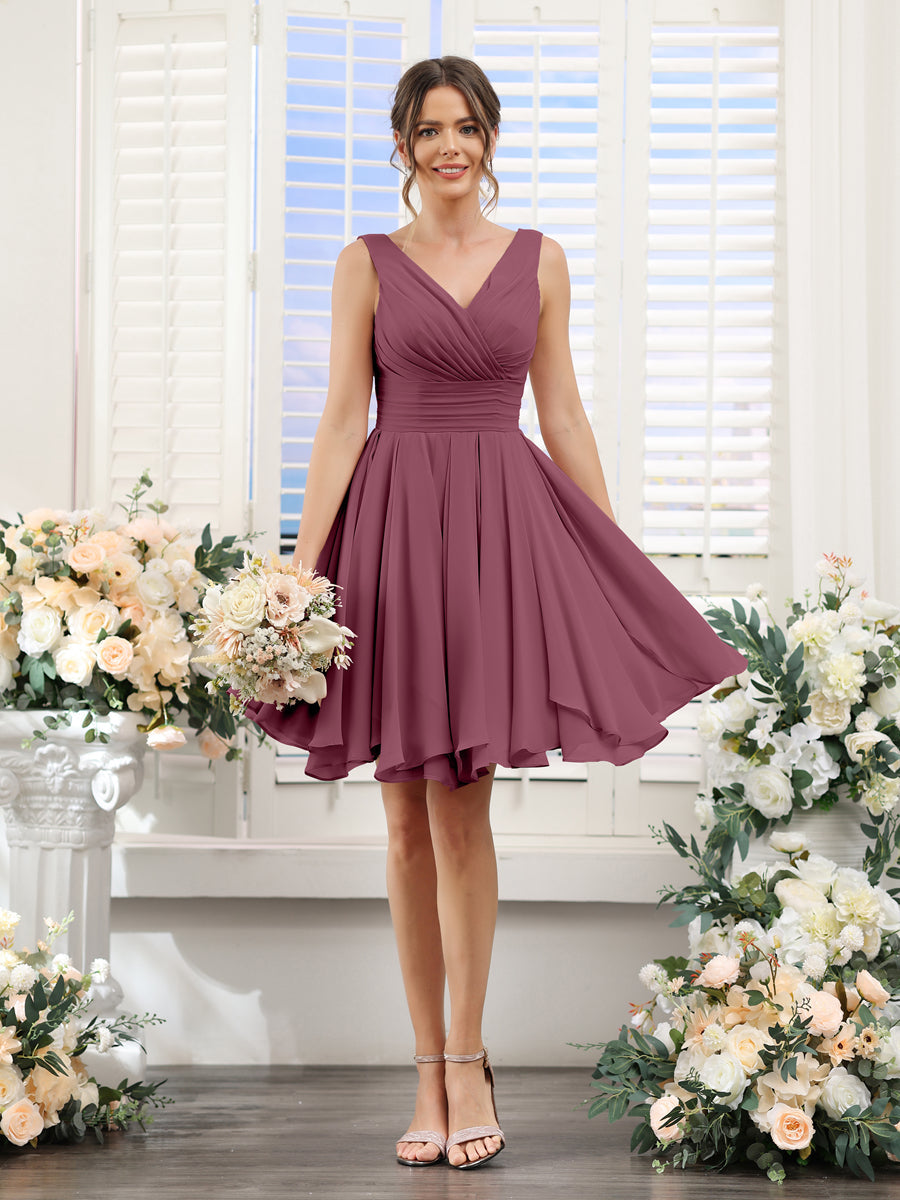 A-Line V-Neck Sleeveless Ruched Chiffon Short Bridesmaid Dresses Mulberry