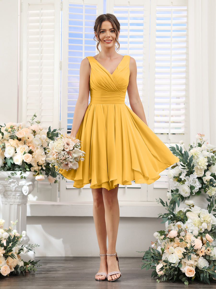 A-Line V-Neck Sleeveless Ruched Chiffon Short Bridesmaid Dresses Mustard Yellow