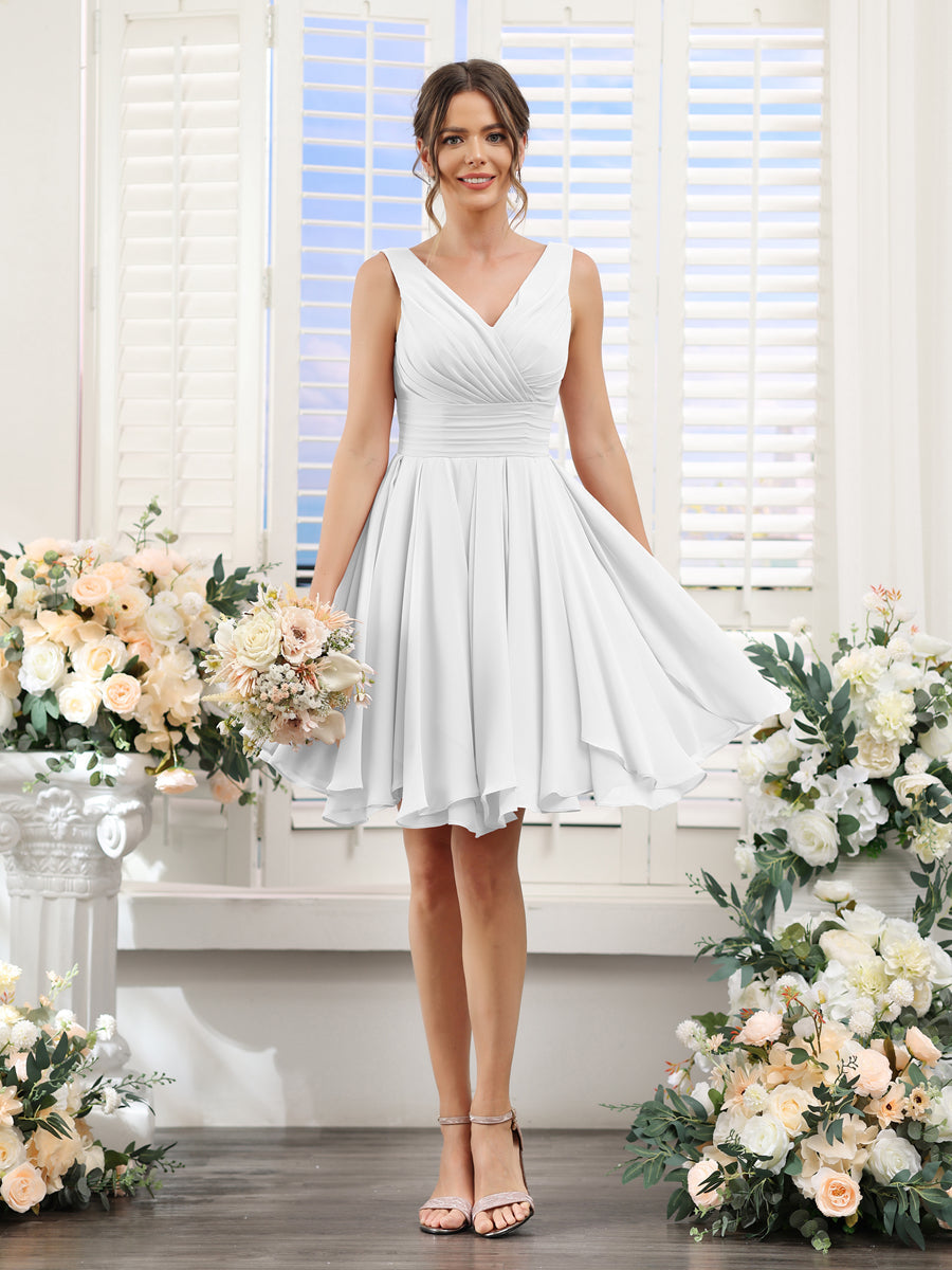 A-Line V-Neck Sleeveless Ruched Chiffon Short Bridesmaid Dresses Off White