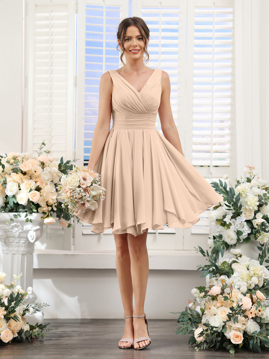 A-Line V-Neck Sleeveless Ruched Chiffon Short Bridesmaid Dresses Peach Pink
