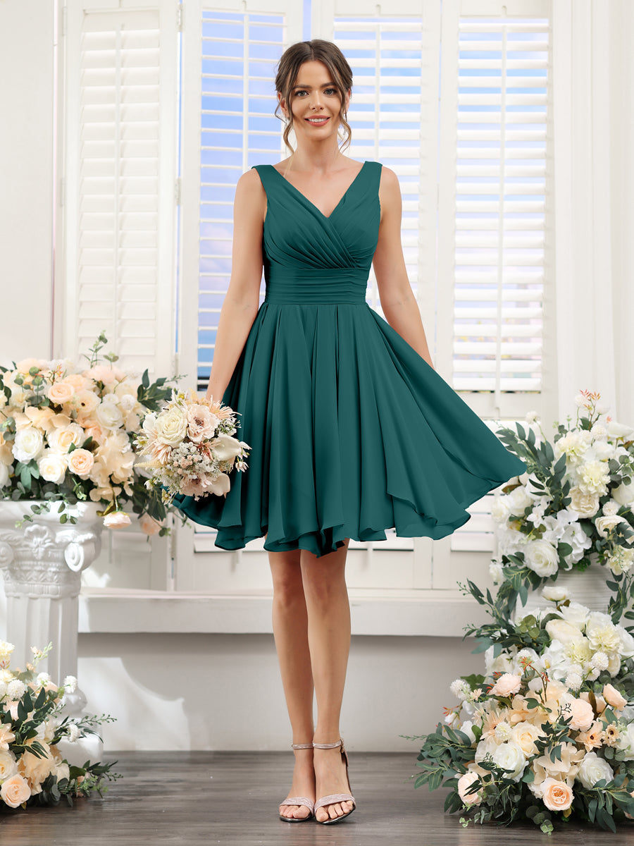 A-Line V-Neck Sleeveless Ruched Chiffon Short Bridesmaid Dresses Peacock