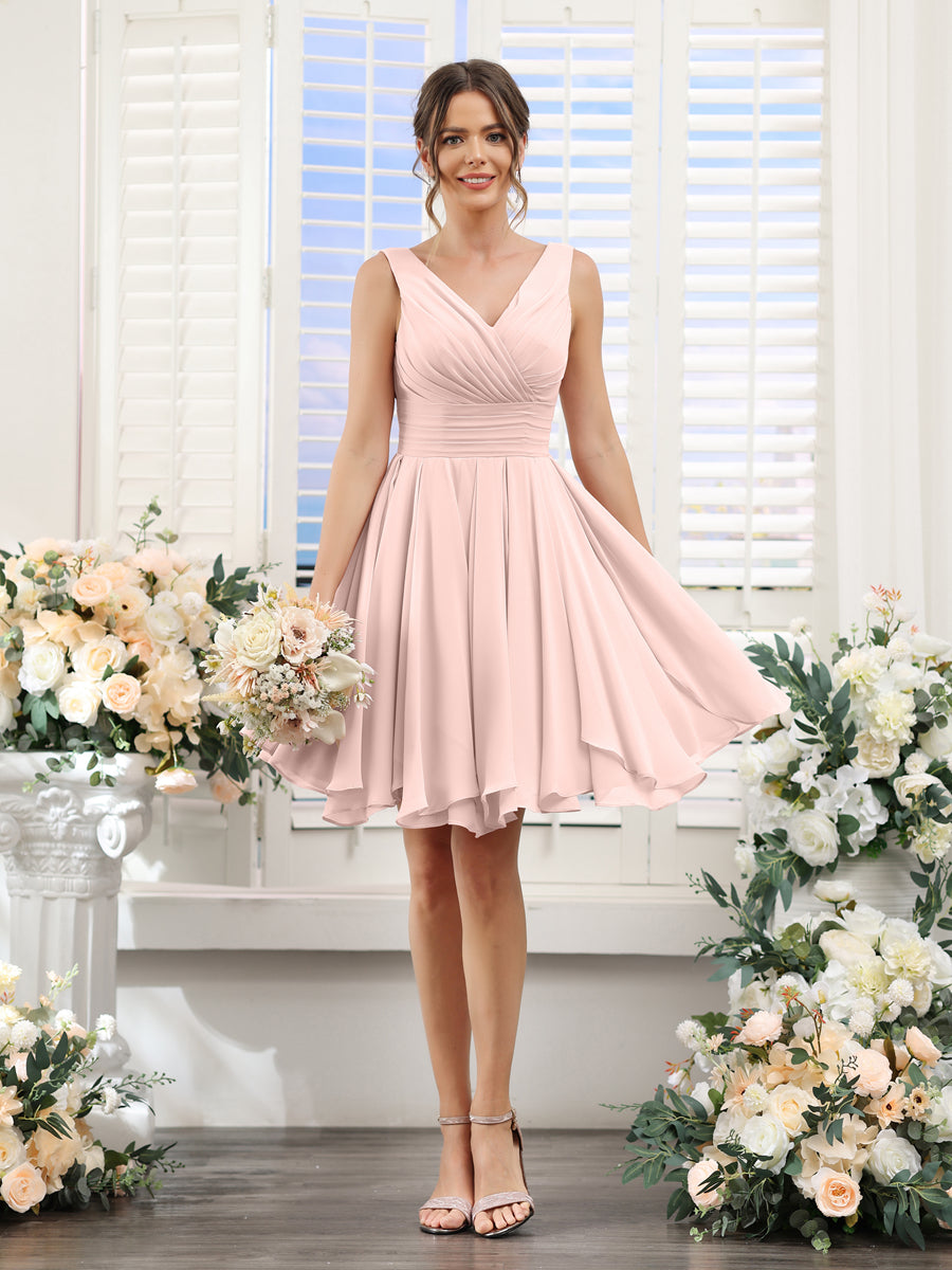 A-Line V-Neck Sleeveless Ruched Chiffon Short Bridesmaid Dresses Pearl Pink