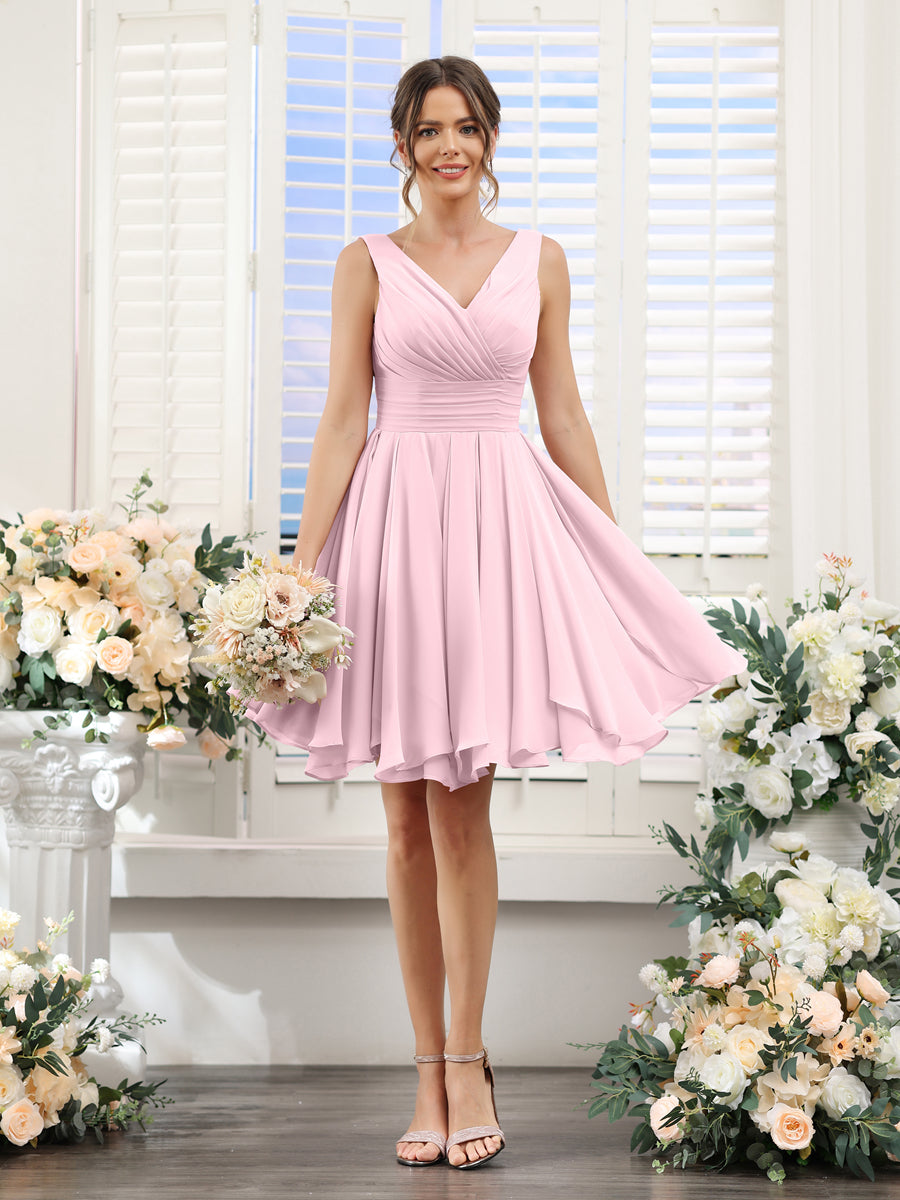 A-Line V-Neck Sleeveless Ruched Chiffon Short Bridesmaid Dresses Pink
