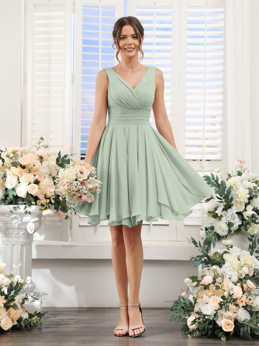 A-Line V-Neck Sleeveless Ruched Chiffon Short Bridesmaid Dresses Sage