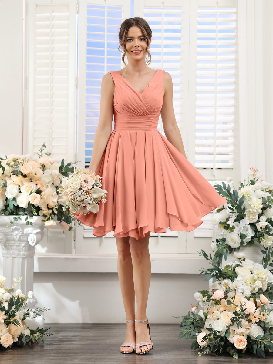 A-Line V-Neck Sleeveless Ruched Chiffon Short Bridesmaid Dresses Salmon