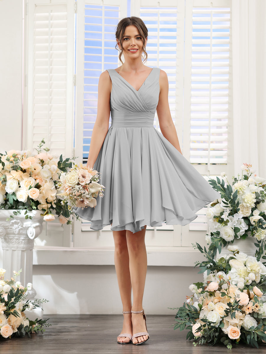 A-Line V-Neck Sleeveless Ruched Chiffon Short Bridesmaid Dresses Silver