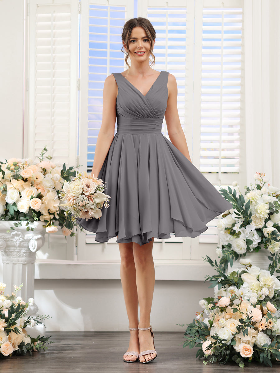A-Line V-Neck Sleeveless Ruched Chiffon Short Bridesmaid Dresses Silver Gray