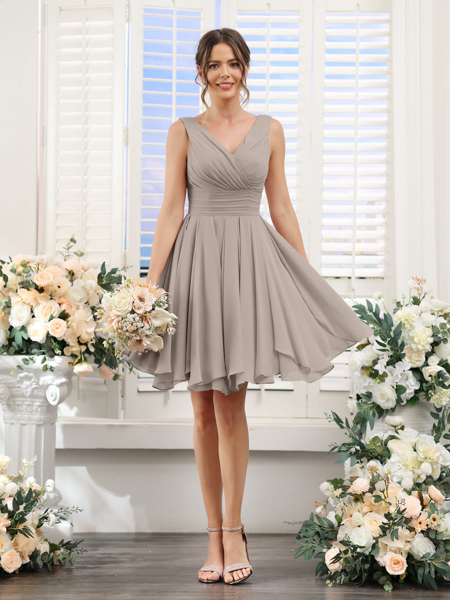 A-Line V-Neck Sleeveless Ruched Chiffon Short Bridesmaid Dresses Taupe