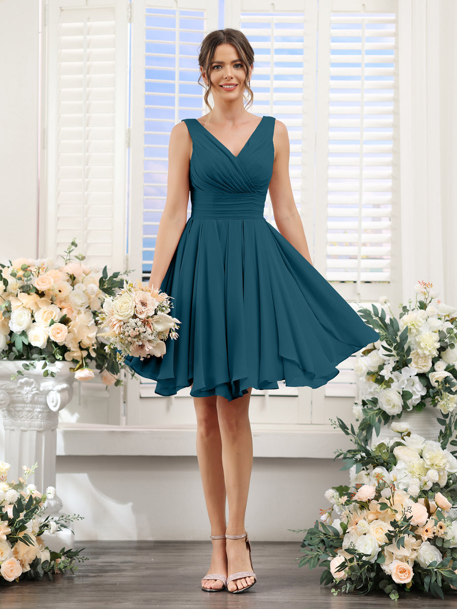 A-Line V-Neck Sleeveless Ruched Chiffon Short Bridesmaid Dresses Teal
