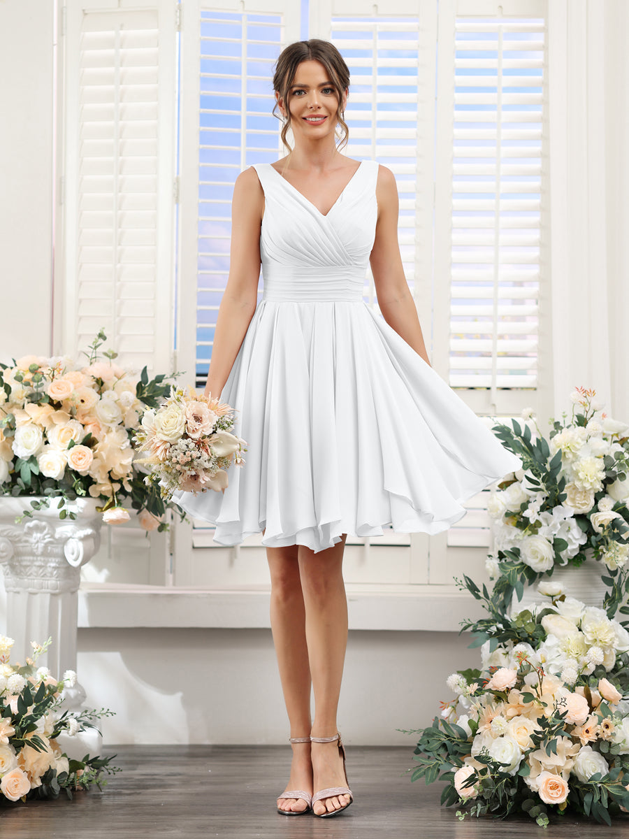 A-Line V-Neck Sleeveless Ruched Chiffon Short Bridesmaid Dresses White