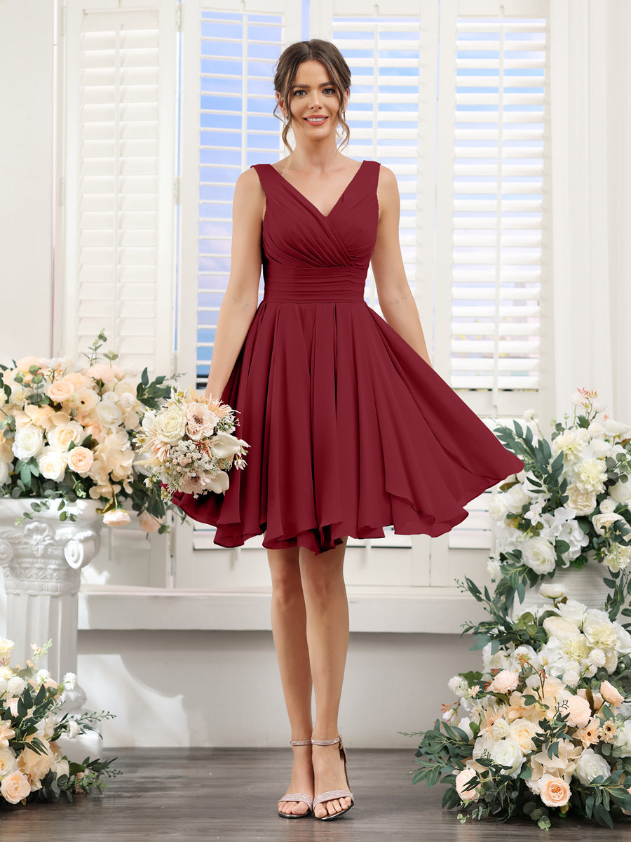 A-Line V-Neck Sleeveless Ruched Chiffon Short Bridesmaid Dresses Wine Red