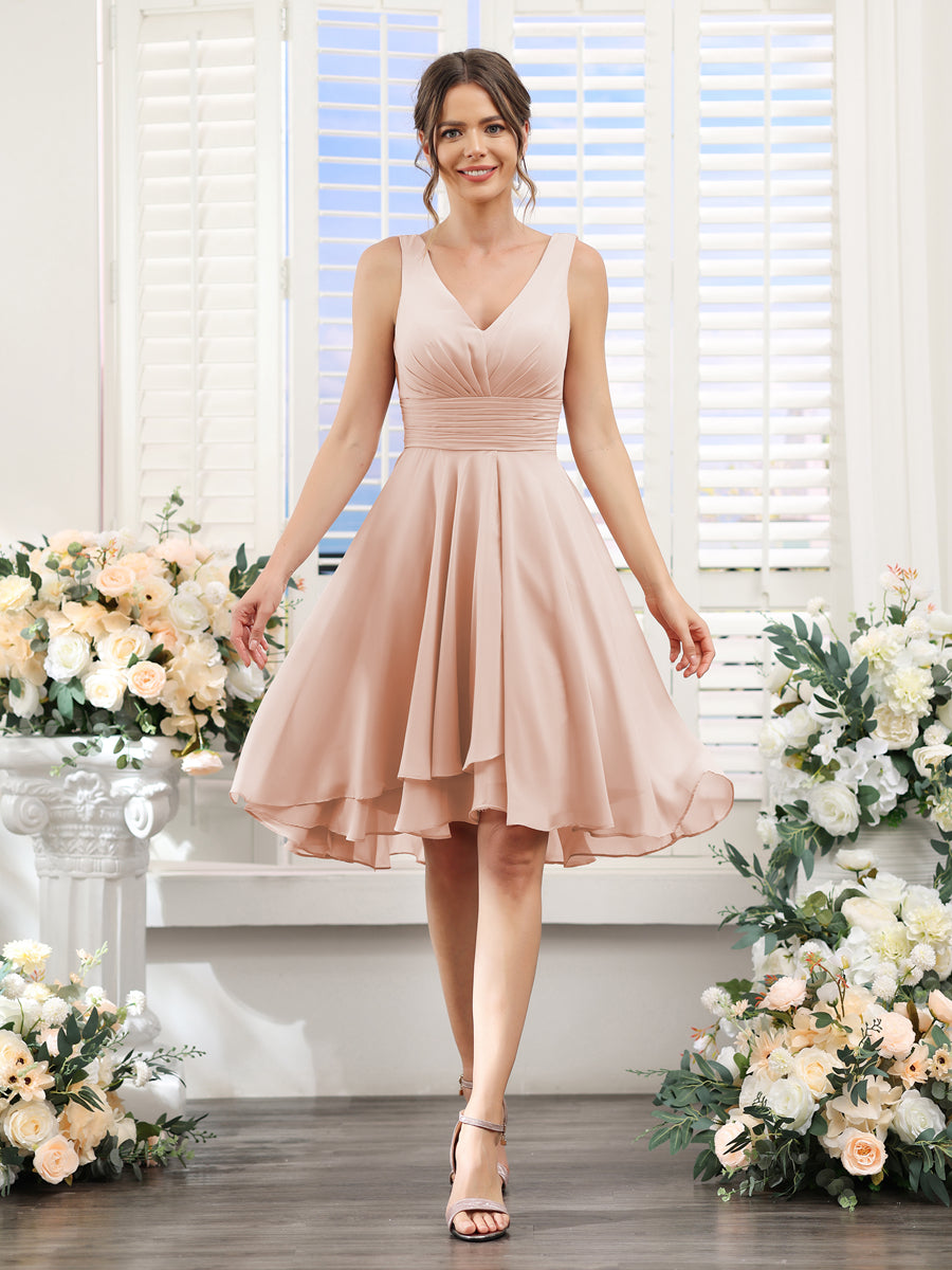A-Line V-Neck Ruched Sleeveless Short Chiffon Bridesmaid Dresses Blush Pink