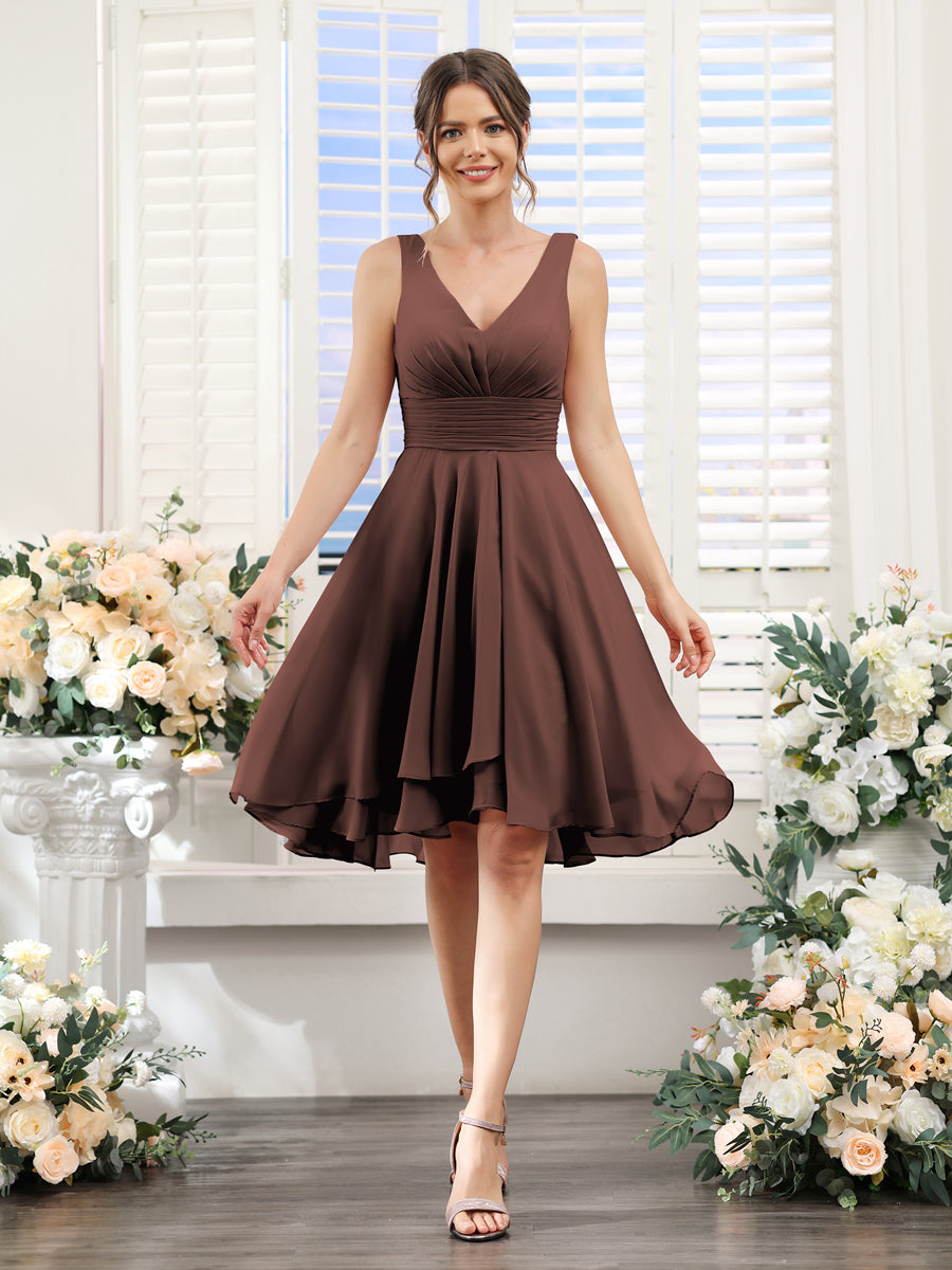 A-Line V-Neck Ruched Sleeveless Short Chiffon Bridesmaid Dresses Brown