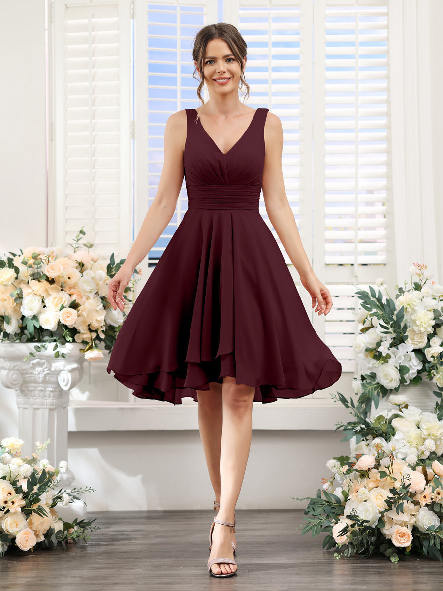 A-Line V-Neck Ruched Sleeveless Short Chiffon Bridesmaid Dresses Burgundy