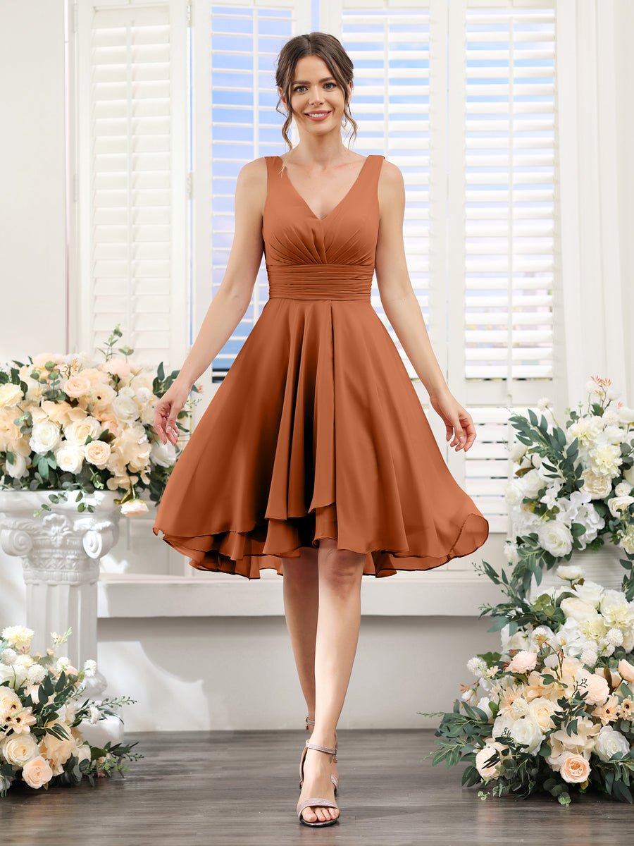 A-Line V-Neck Ruched Sleeveless Short Chiffon Bridesmaid Dresses Burnt Orange