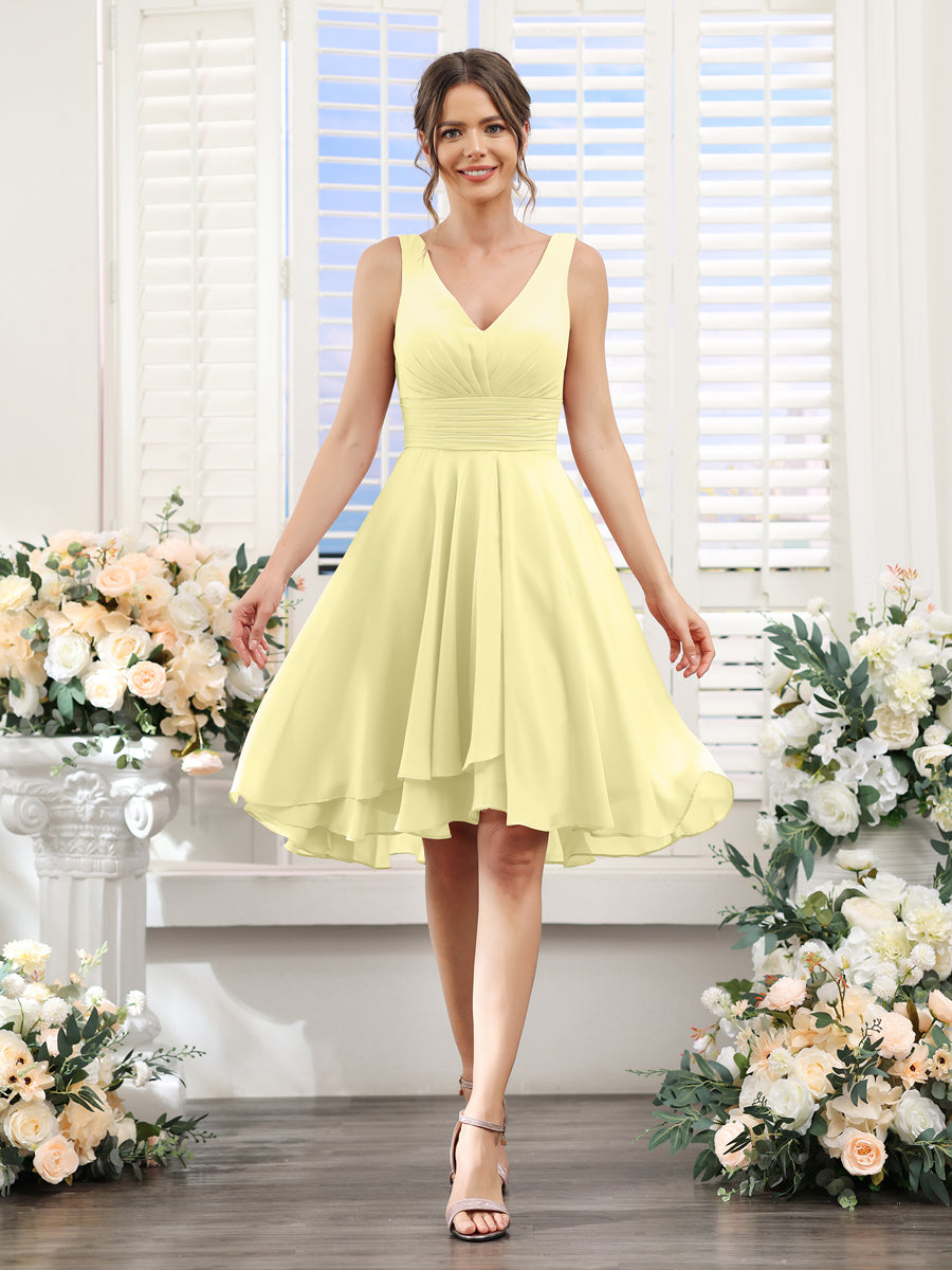 A-Line V-Neck Ruched Sleeveless Short Chiffon Bridesmaid Dresses Canary