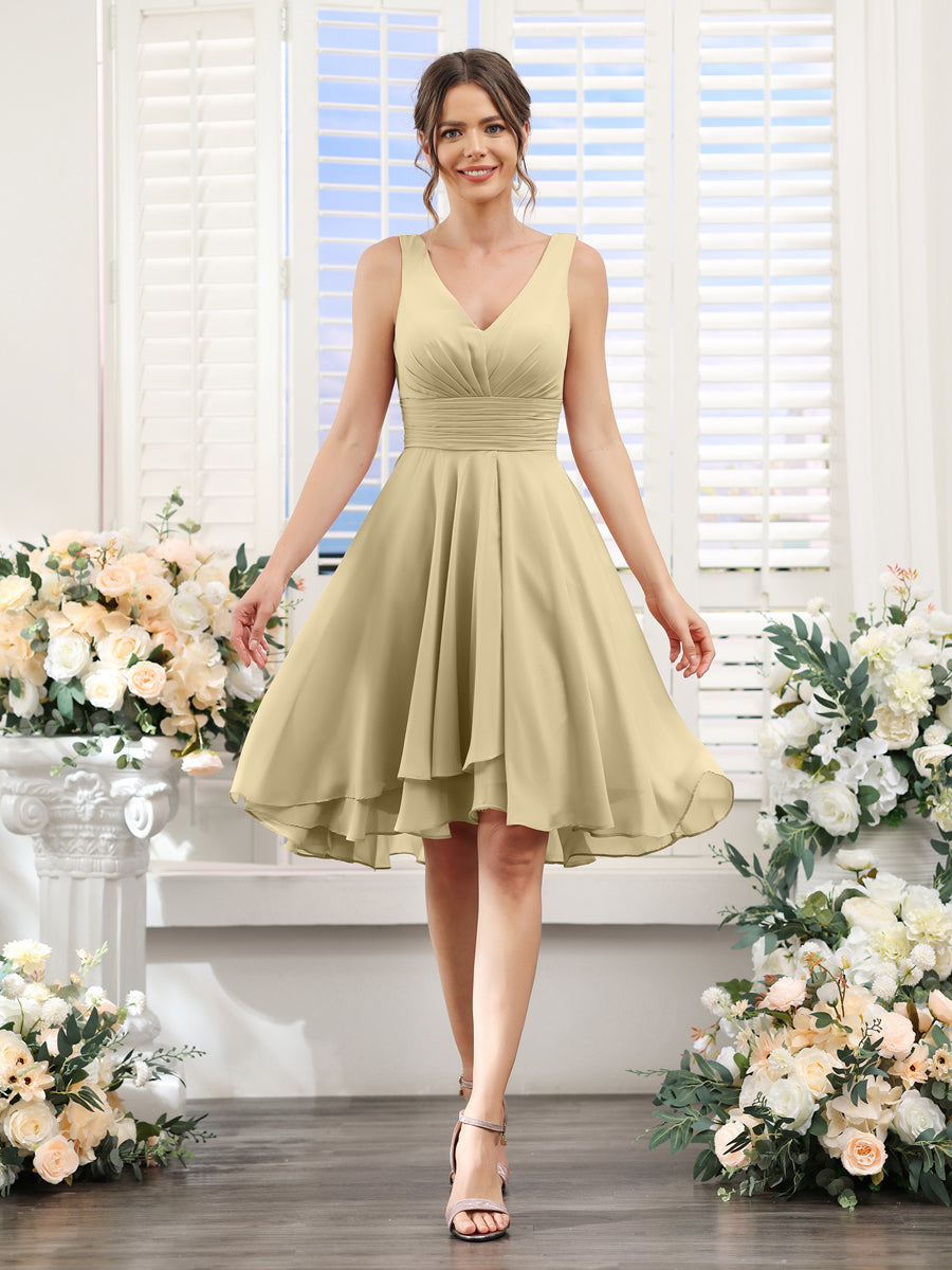 A-Line V-Neck Ruched Sleeveless Short Chiffon Bridesmaid Dresses Champagne