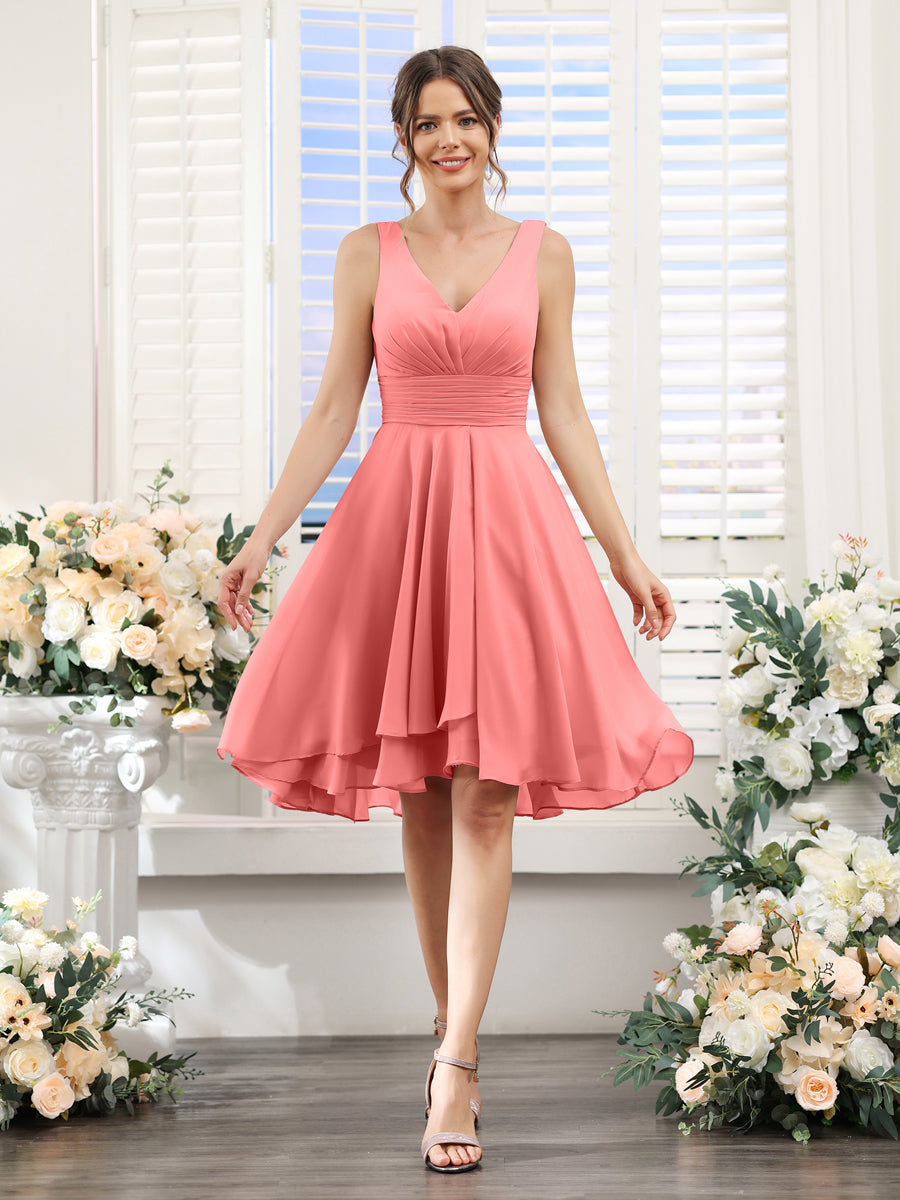 A-Line V-Neck Ruched Sleeveless Short Chiffon Bridesmaid Dresses Coral