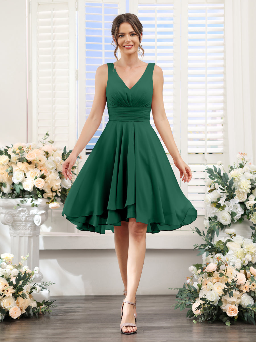 A-Line V-Neck Ruched Sleeveless Short Chiffon Bridesmaid Dresses Dark Green