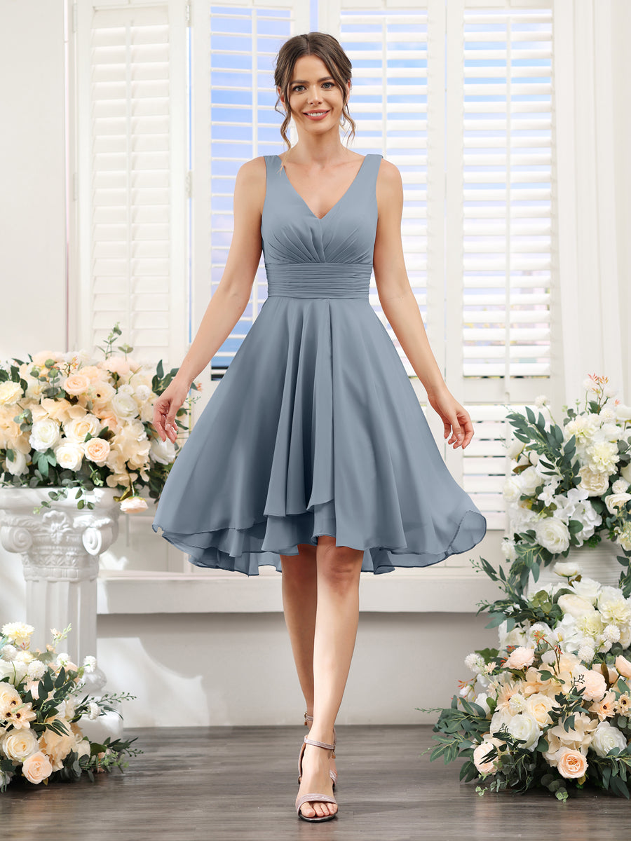 A-Line V-Neck Ruched Sleeveless Short Chiffon Bridesmaid Dresses Dusty Blue