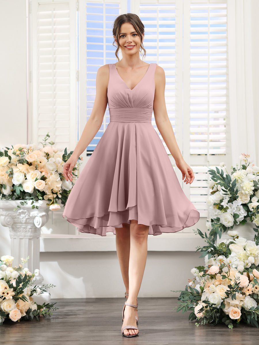 A-Line V-Neck Ruched Sleeveless Short Chiffon Bridesmaid Dresses Dusty Pink