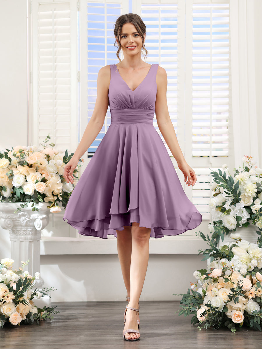 A-Line V-Neck Ruched Sleeveless Short Chiffon Bridesmaid Dresses Dusty Purple