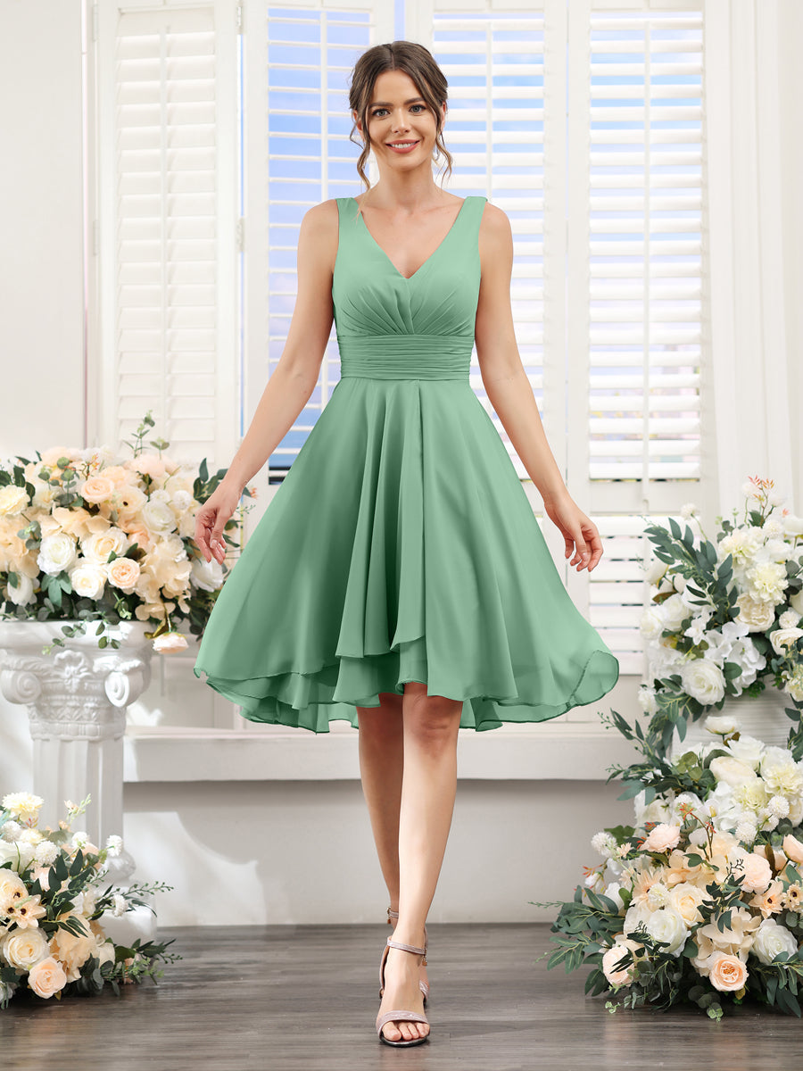 A-Line V-Neck Ruched Sleeveless Short Chiffon Bridesmaid Dresses Eucalyptus
