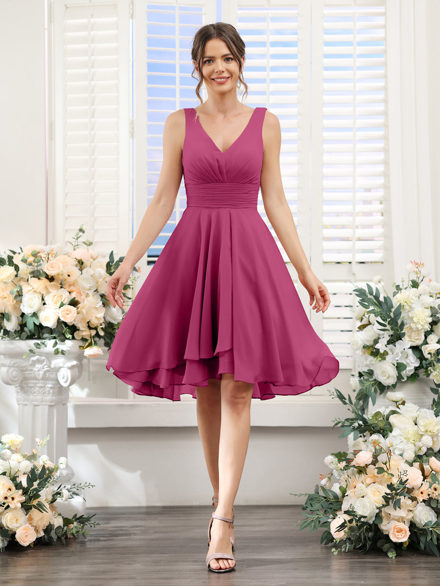 A-Line V-Neck Ruched Sleeveless Short Chiffon Bridesmaid Dresses Fuchsia