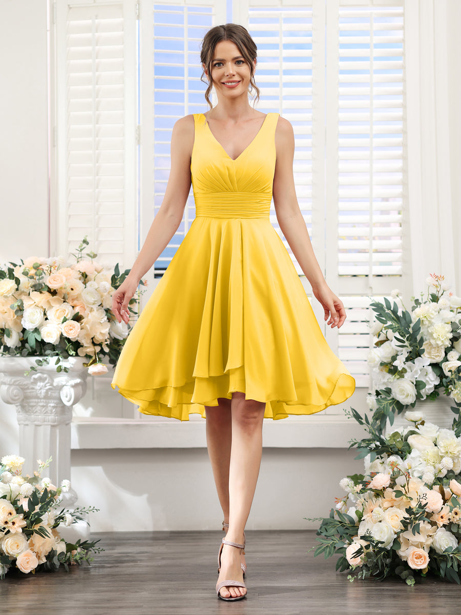 A-Line V-Neck Ruched Sleeveless Short Chiffon Bridesmaid Dresses Gold