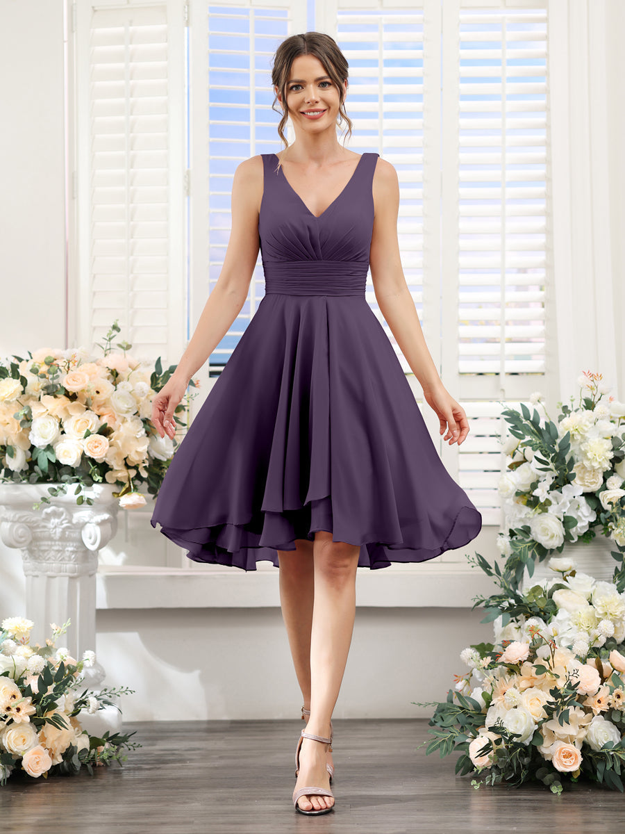 A-Line V-Neck Ruched Sleeveless Short Chiffon Bridesmaid Dresses Grape