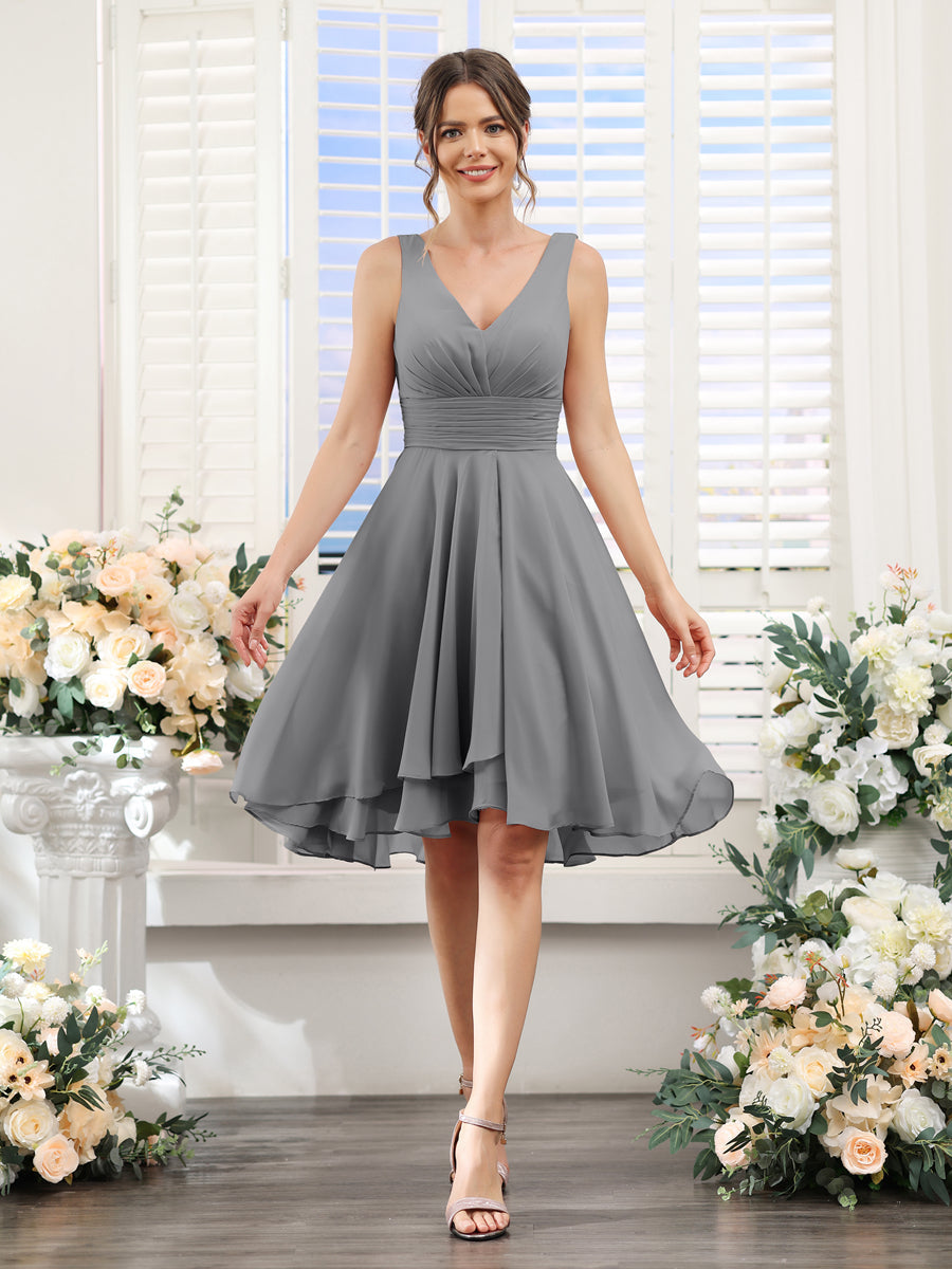 A-Line V-Neck Ruched Sleeveless Short Chiffon Bridesmaid Dresses Gray