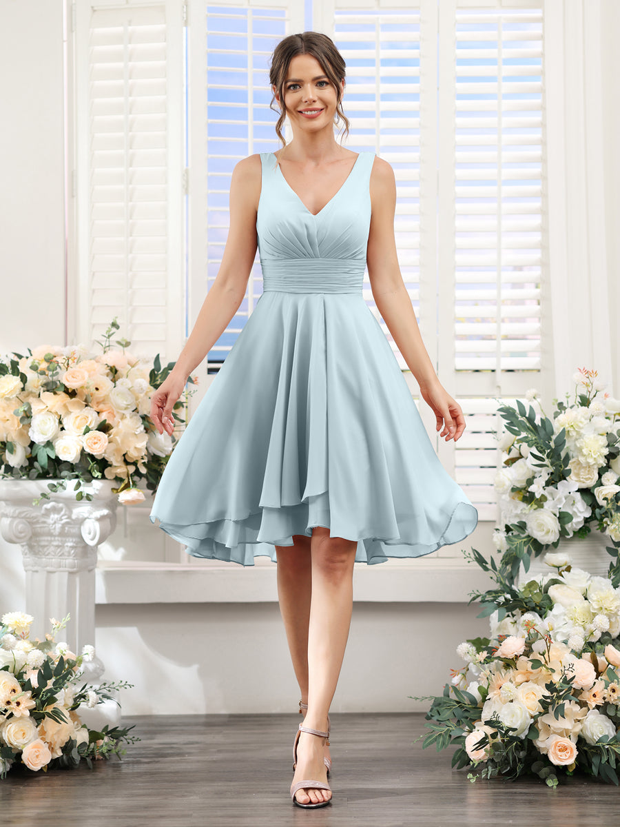 A-Line V-Neck Ruched Sleeveless Short Chiffon Bridesmaid Dresses Light Blue