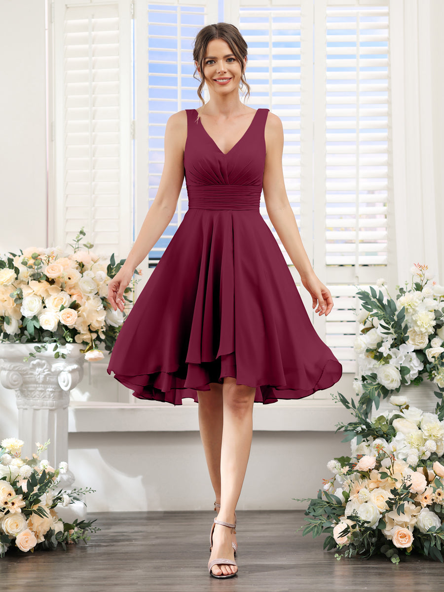 A-Line V-Neck Ruched Sleeveless Short Chiffon Bridesmaid Dresses Light Burgundy