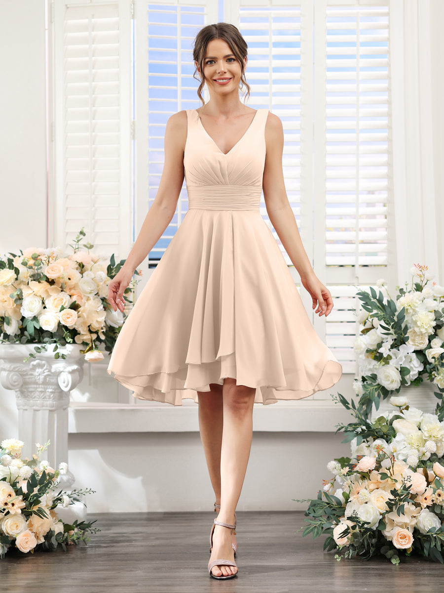 A-Line V-Neck Ruched Sleeveless Short Chiffon Bridesmaid Dresses Light Champagne
