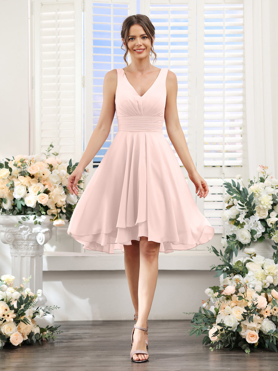 A-Line V-Neck Ruched Sleeveless Short Chiffon Bridesmaid Dresses Light Pink