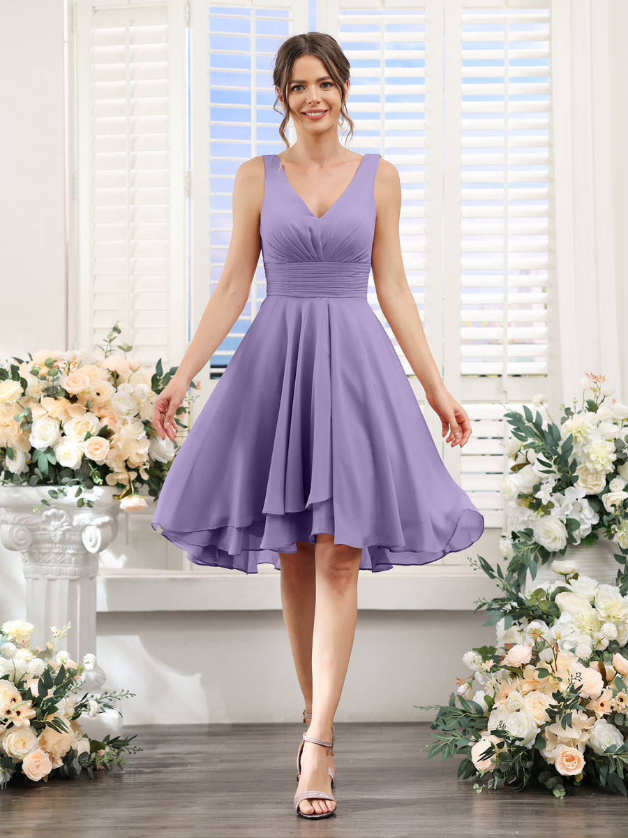 A-Line V-Neck Ruched Sleeveless Short Chiffon Bridesmaid Dresses Light Purple