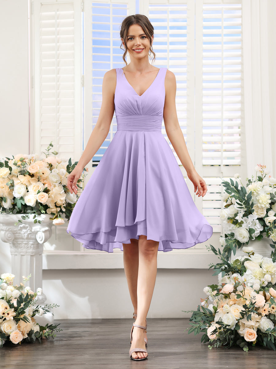 A-Line V-Neck Ruched Sleeveless Short Chiffon Bridesmaid Dresses Lilac