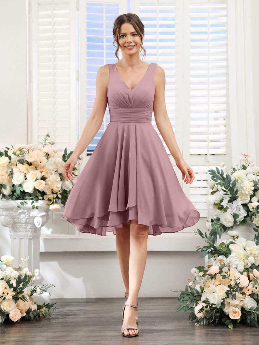 A-Line V-Neck Ruched Sleeveless Short Chiffon Bridesmaid Dresses Mauve