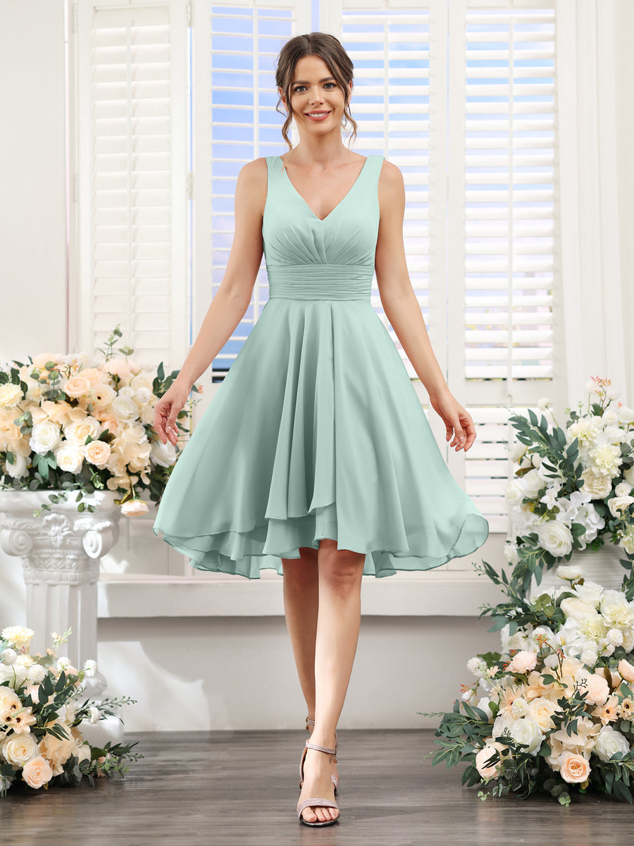 A-Line V-Neck Ruched Sleeveless Short Chiffon Bridesmaid Dresses Mist Blue