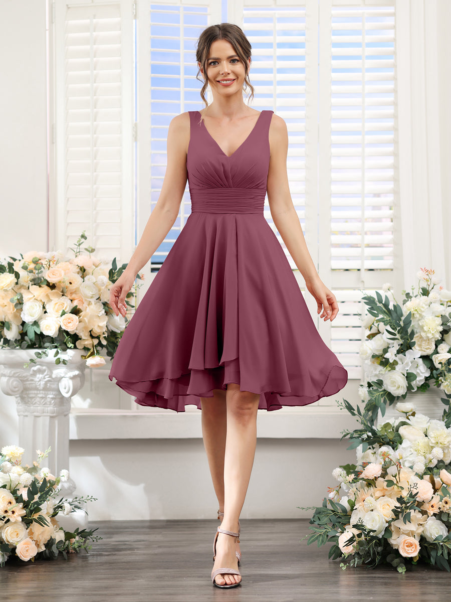 A-Line V-Neck Ruched Sleeveless Short Chiffon Bridesmaid Dresses Mulberry