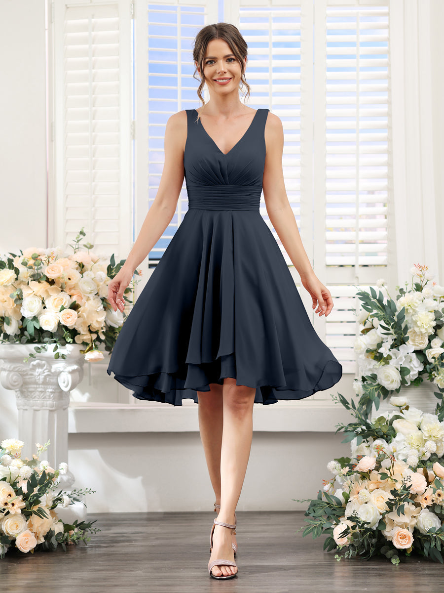 A-Line V-Neck Ruched Sleeveless Short Chiffon Bridesmaid Dresses Navy Blue