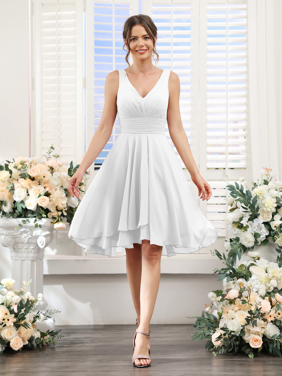A-Line V-Neck Ruched Sleeveless Short Chiffon Bridesmaid Dresses Off White
