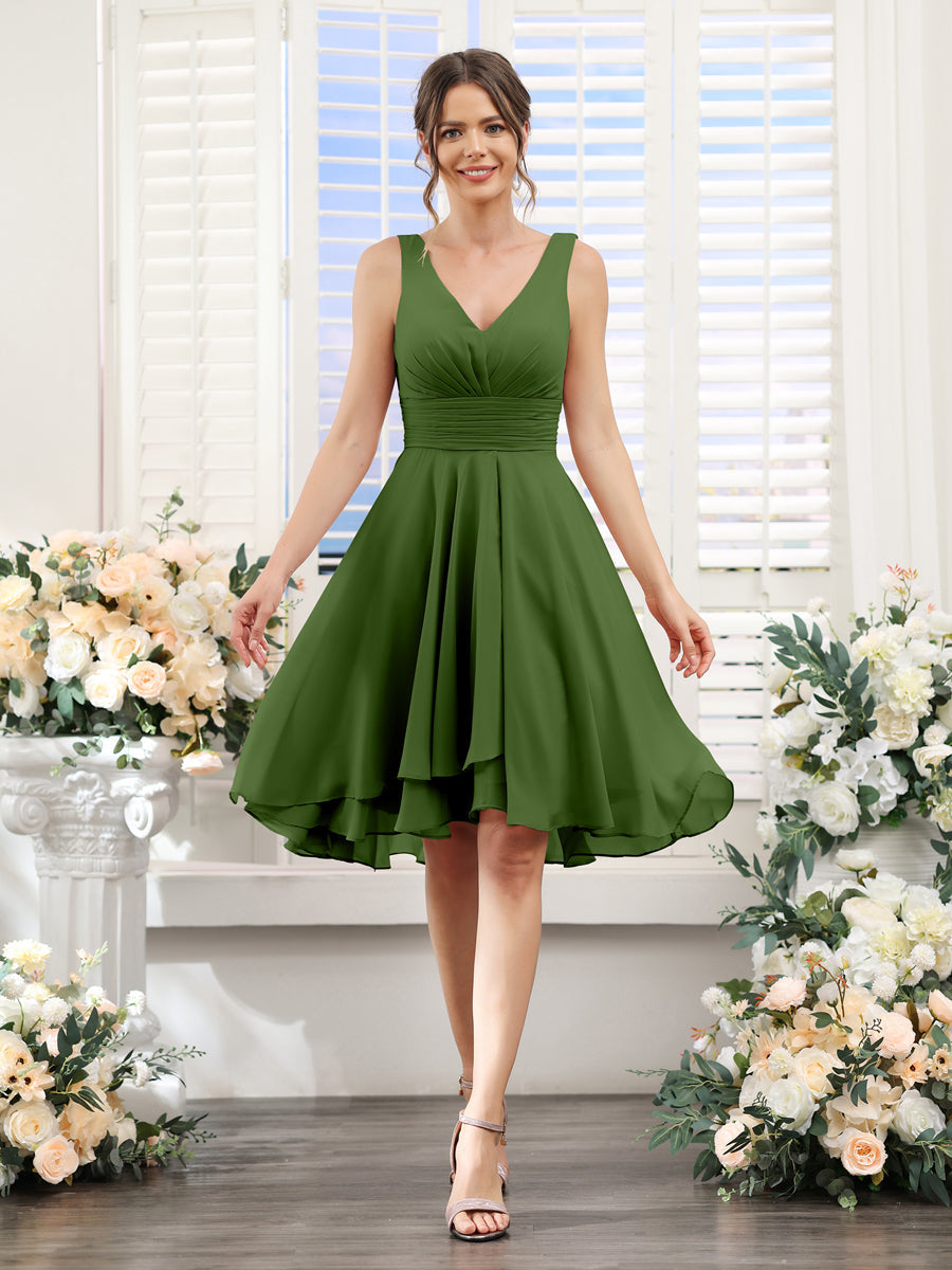 A-Line V-Neck Ruched Sleeveless Short Chiffon Bridesmaid Dresses Olive Green