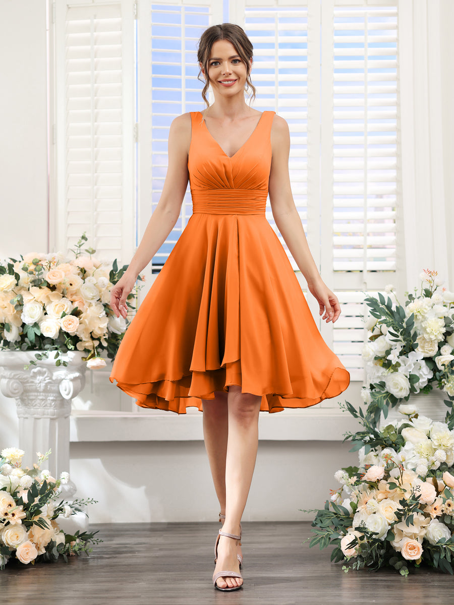A-Line V-Neck Ruched Sleeveless Short Chiffon Bridesmaid Dresses Orange
