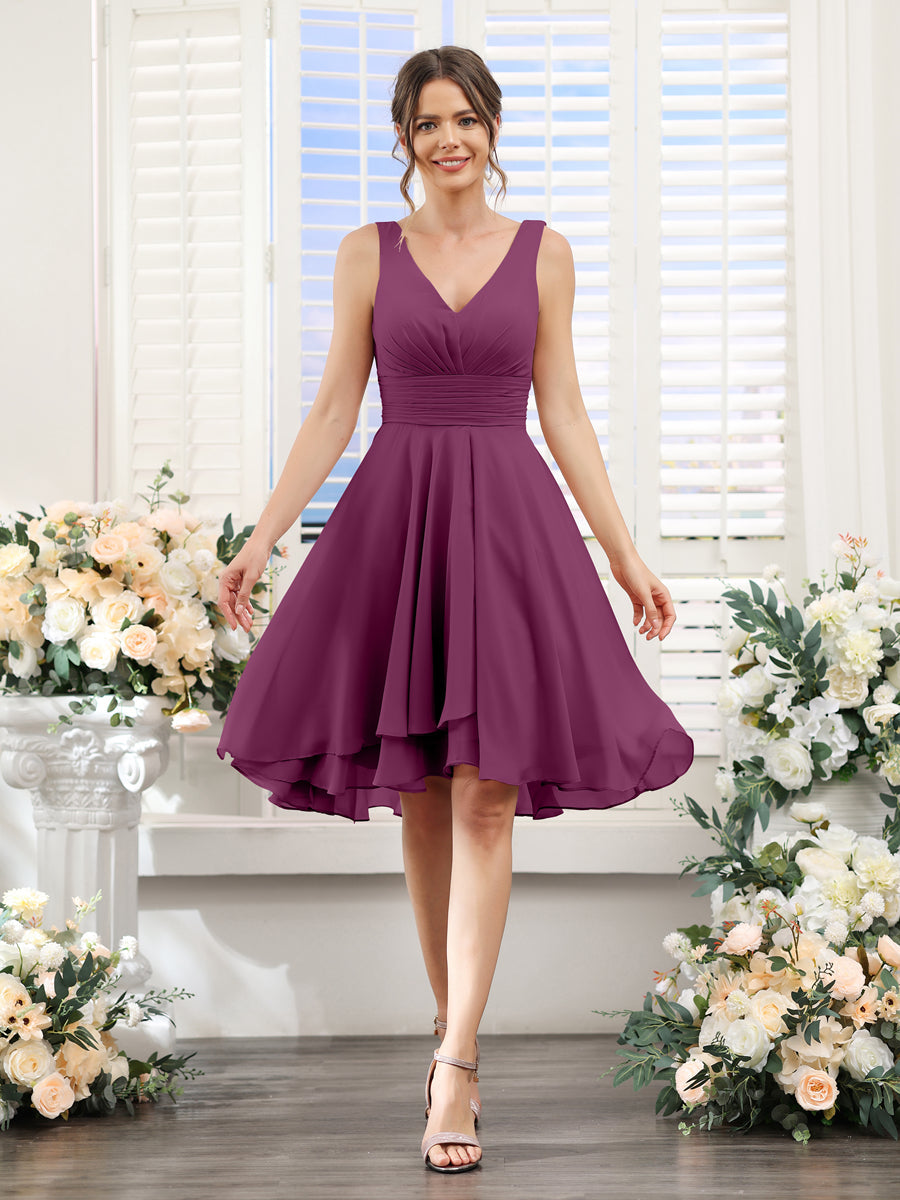 A-Line V-Neck Ruched Sleeveless Short Chiffon Bridesmaid Dresses Orchid