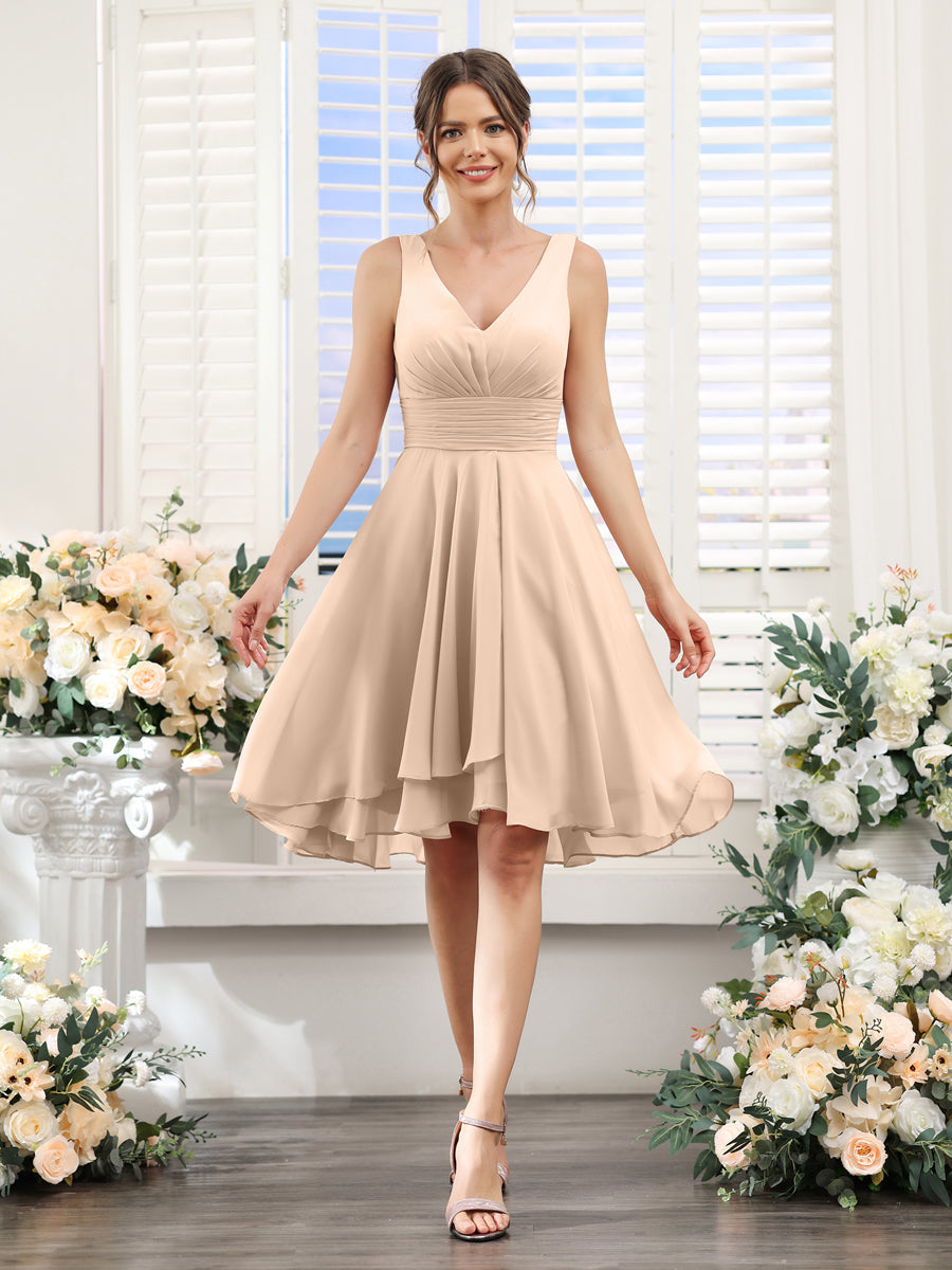 A-Line V-Neck Ruched Sleeveless Short Chiffon Bridesmaid Dresses Peach Pink